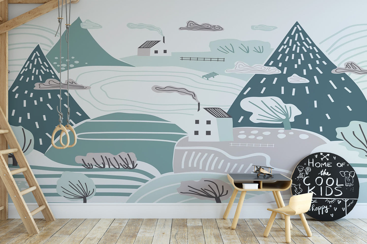 Child-friendly winter countryside wallpaper mural
