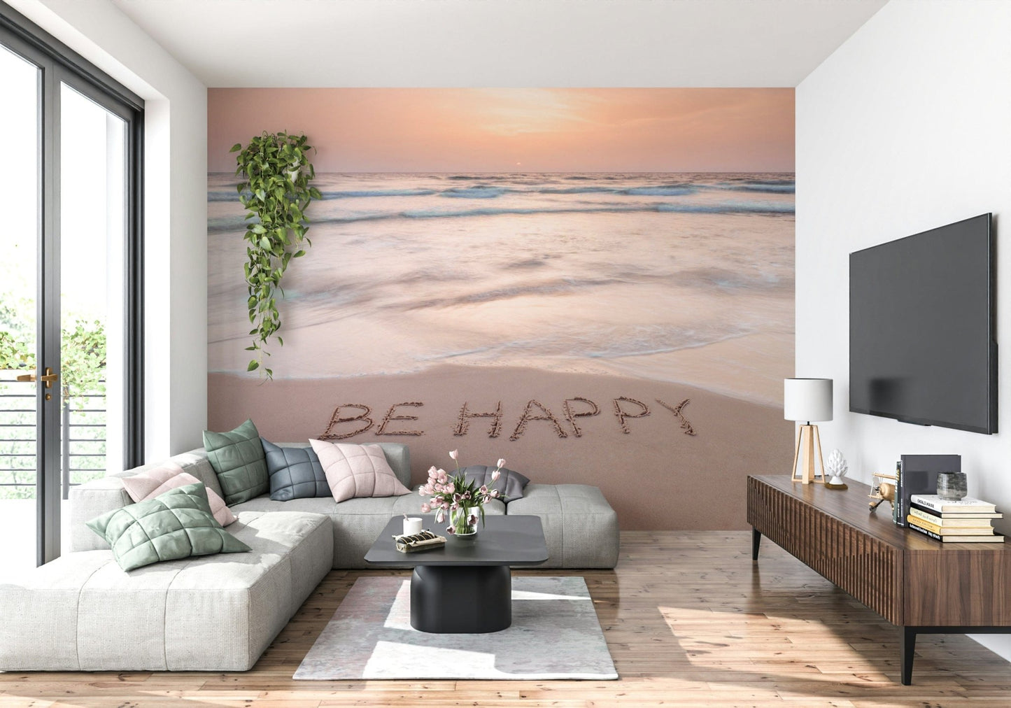 Wall mural Coastal Affirmation aesthetic beach scene soft colors inspiring text.