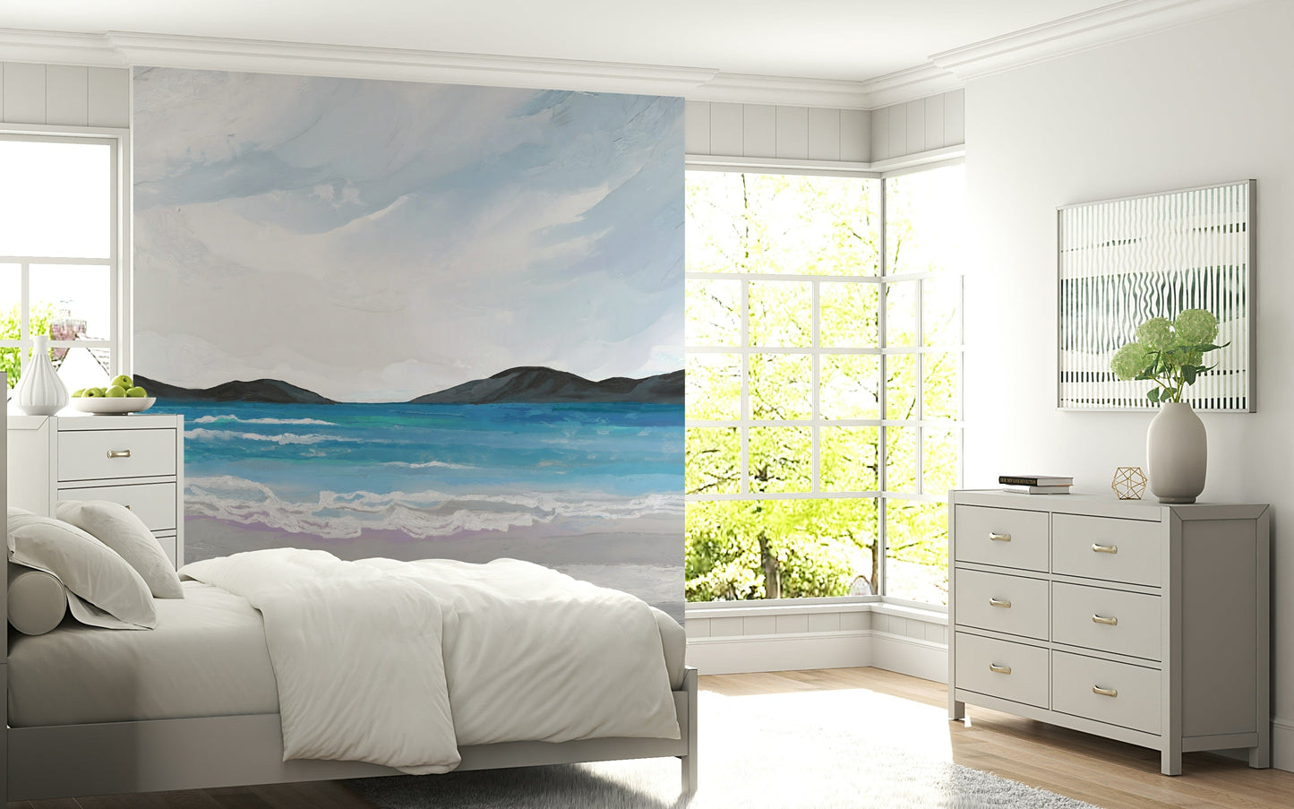 Coastal Scene Wall Mural with calm ocean view in soft blue tones for living room wall decor