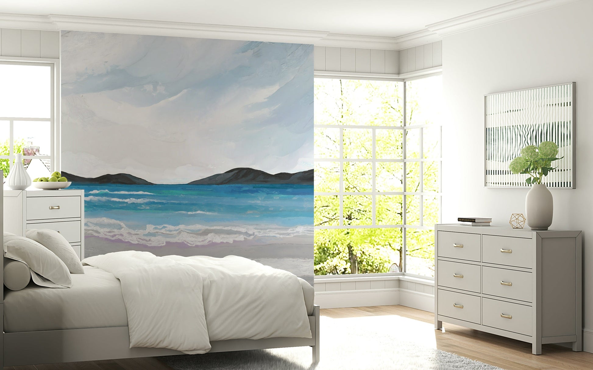 Coastal Scene Wall Mural with calm ocean view in soft blue tones for living room wall decor