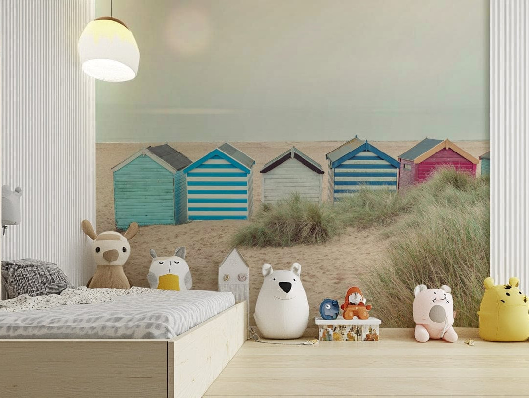 The peel and stick wallpaper showing realistic beach scenery.


