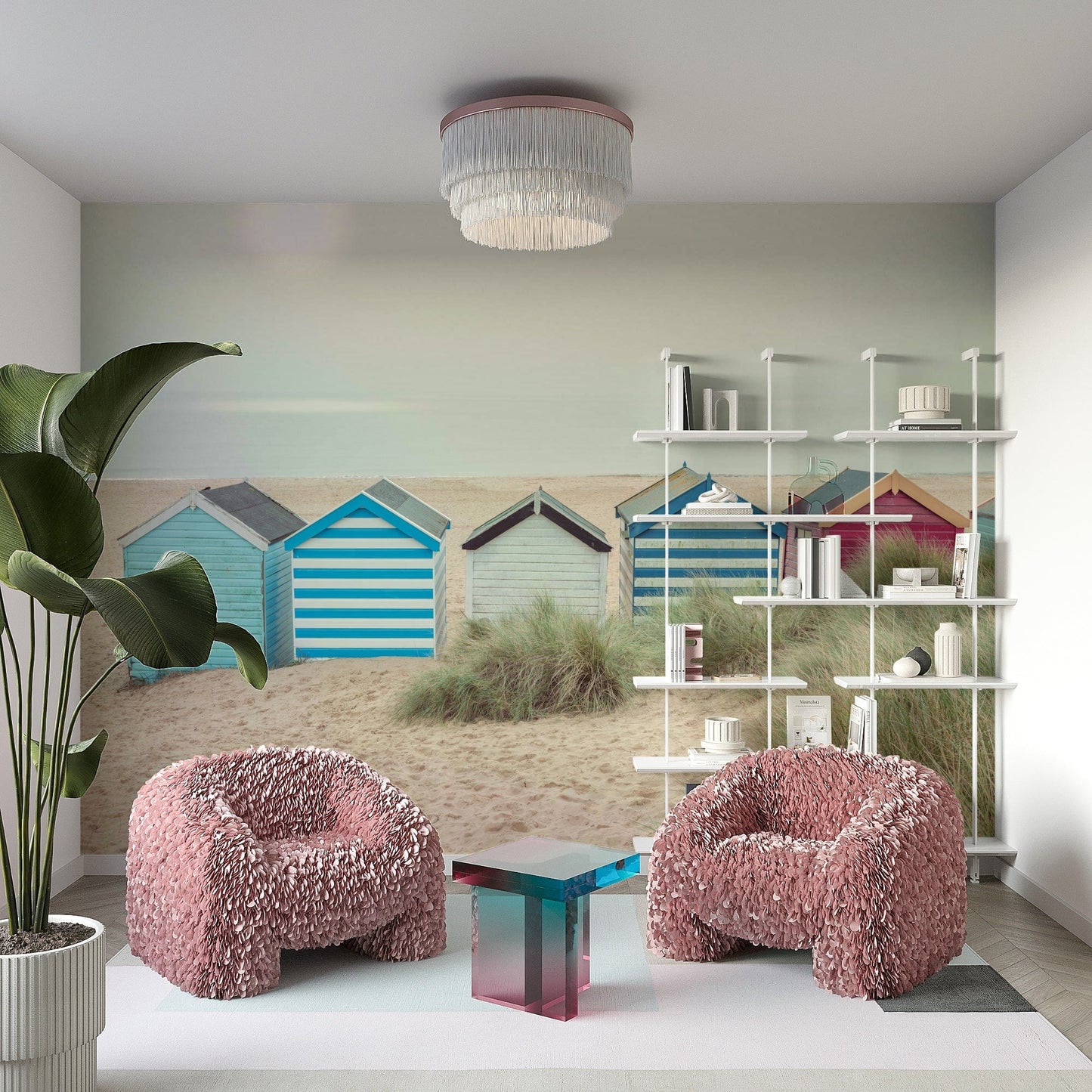 A close-up of the vibrant, painted doors and wooden texture of the sheds.

