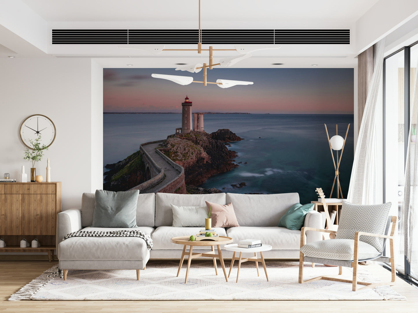 Decorative mural featuring a coastal lighthouse amidst soft, calming seascapes.