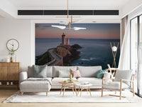 Decorative mural featuring a coastal lighthouse amidst soft, calming seascapes.