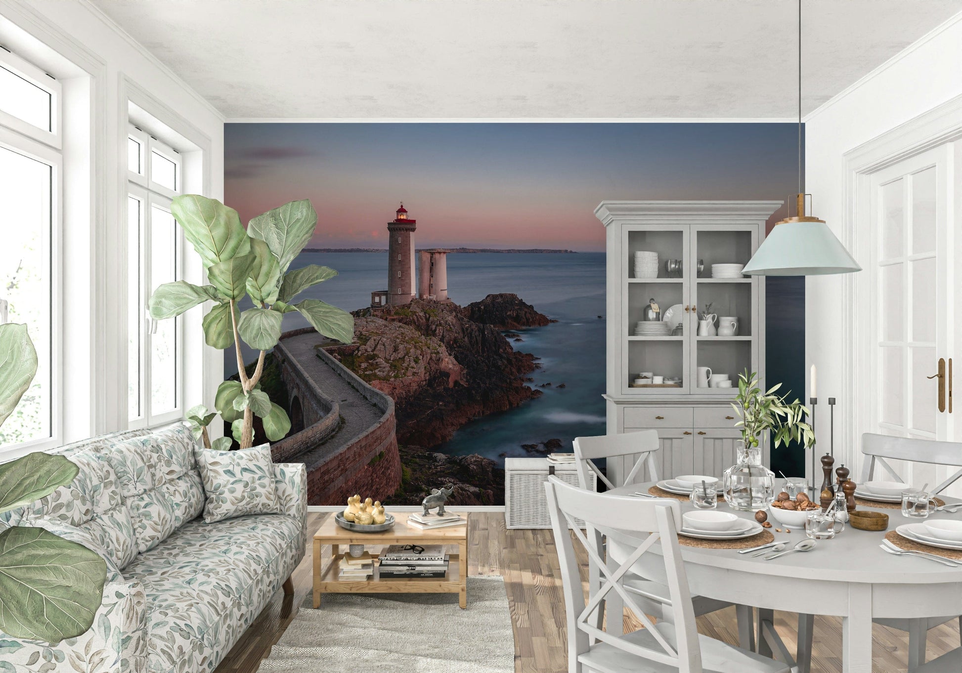 Coastal Beacon Serenity Wall Mural — tranquil seaside view with a peaceful lighthouse.