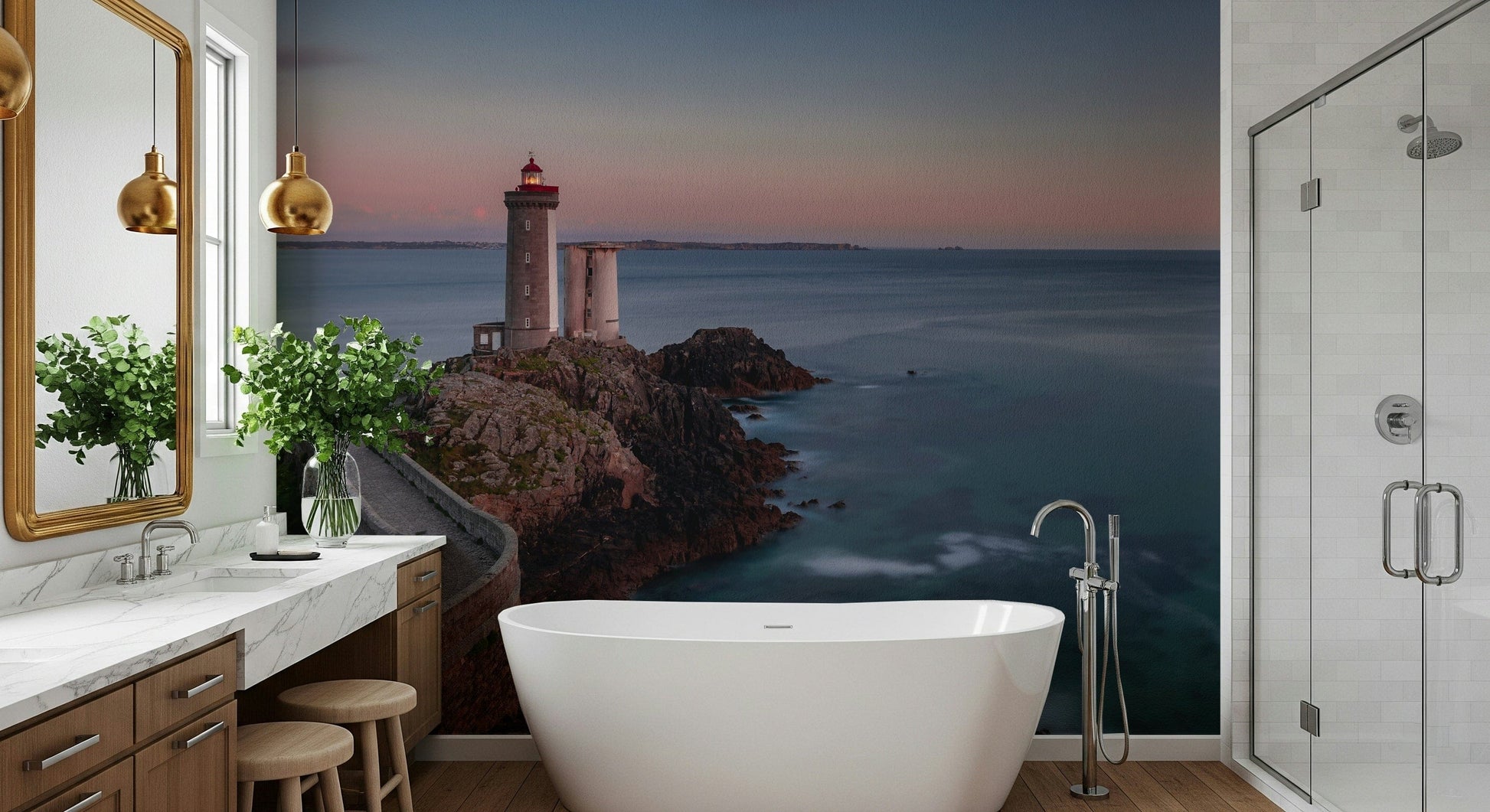 Coastal Beacon Serenity Wall Mural featuring a lighthouse overlooking calm ocean waters at sunrise.