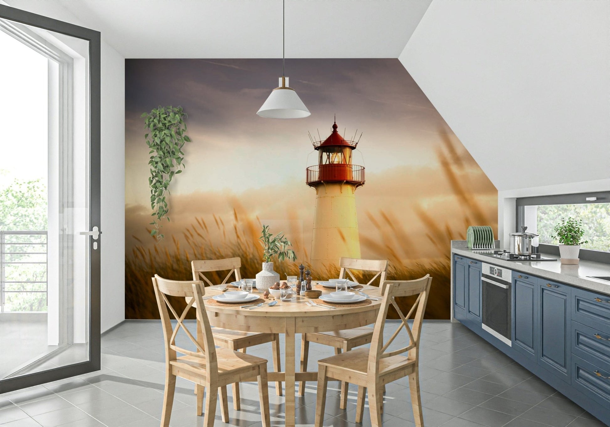 Coastal Beacon’s Sunset Glow Wall Mural behind sofa, sunset sky gradient, modern interior