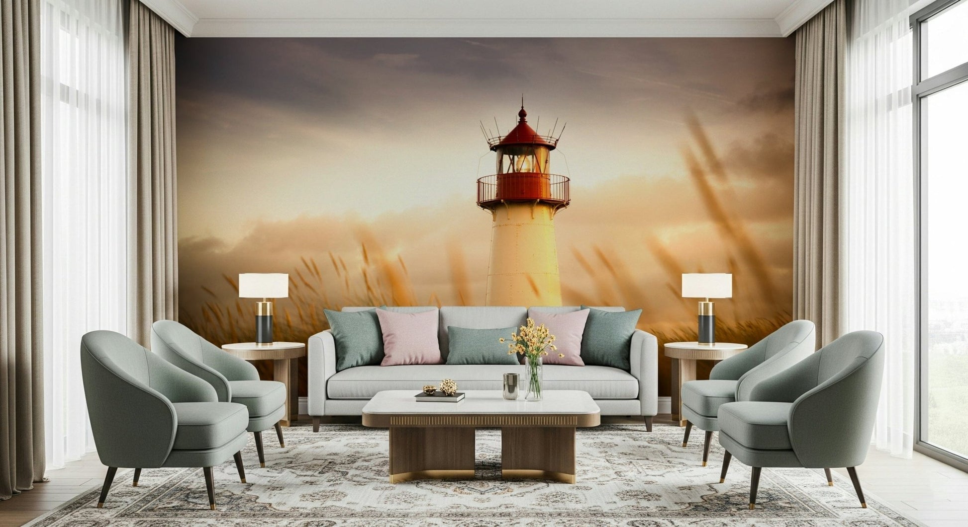 Lounge wall decor mural showing lighthouse at sunset, gentle waves, contemporary coastal look