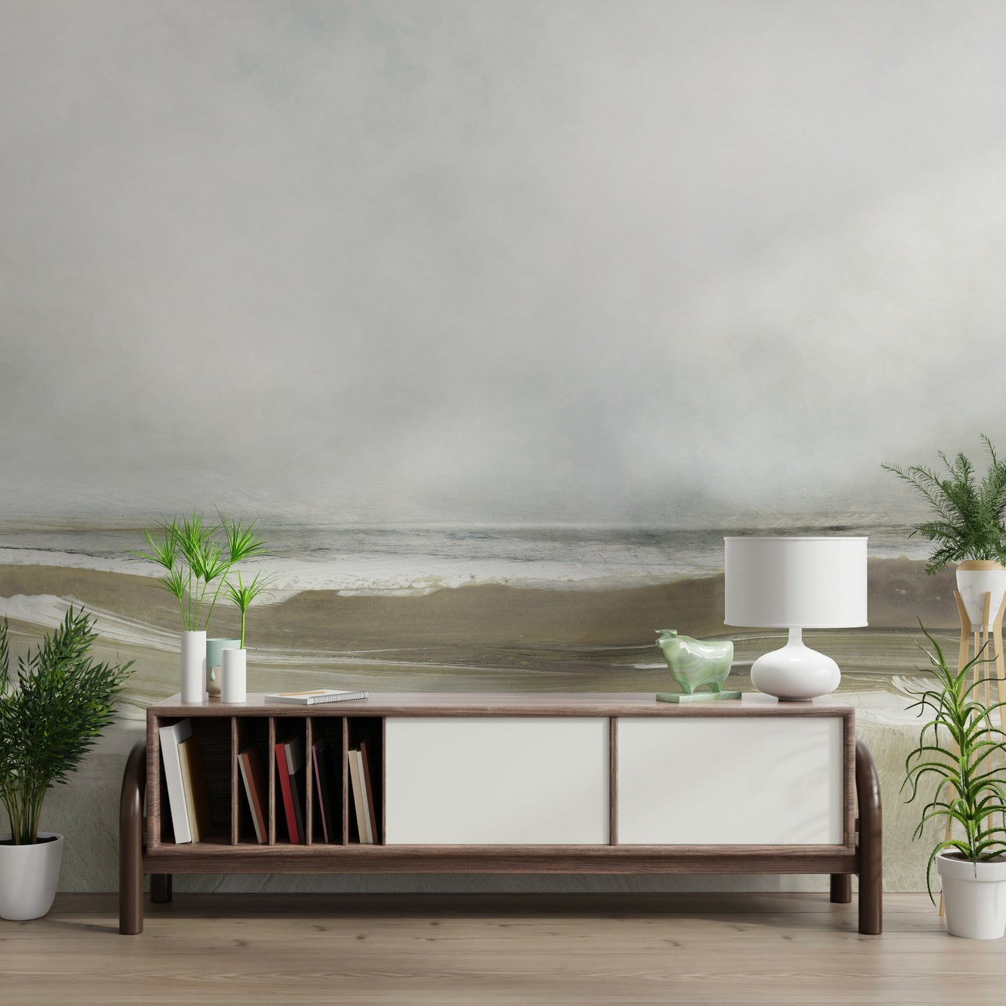 An artistic fluid pattern mural on minimalist wallpaper.