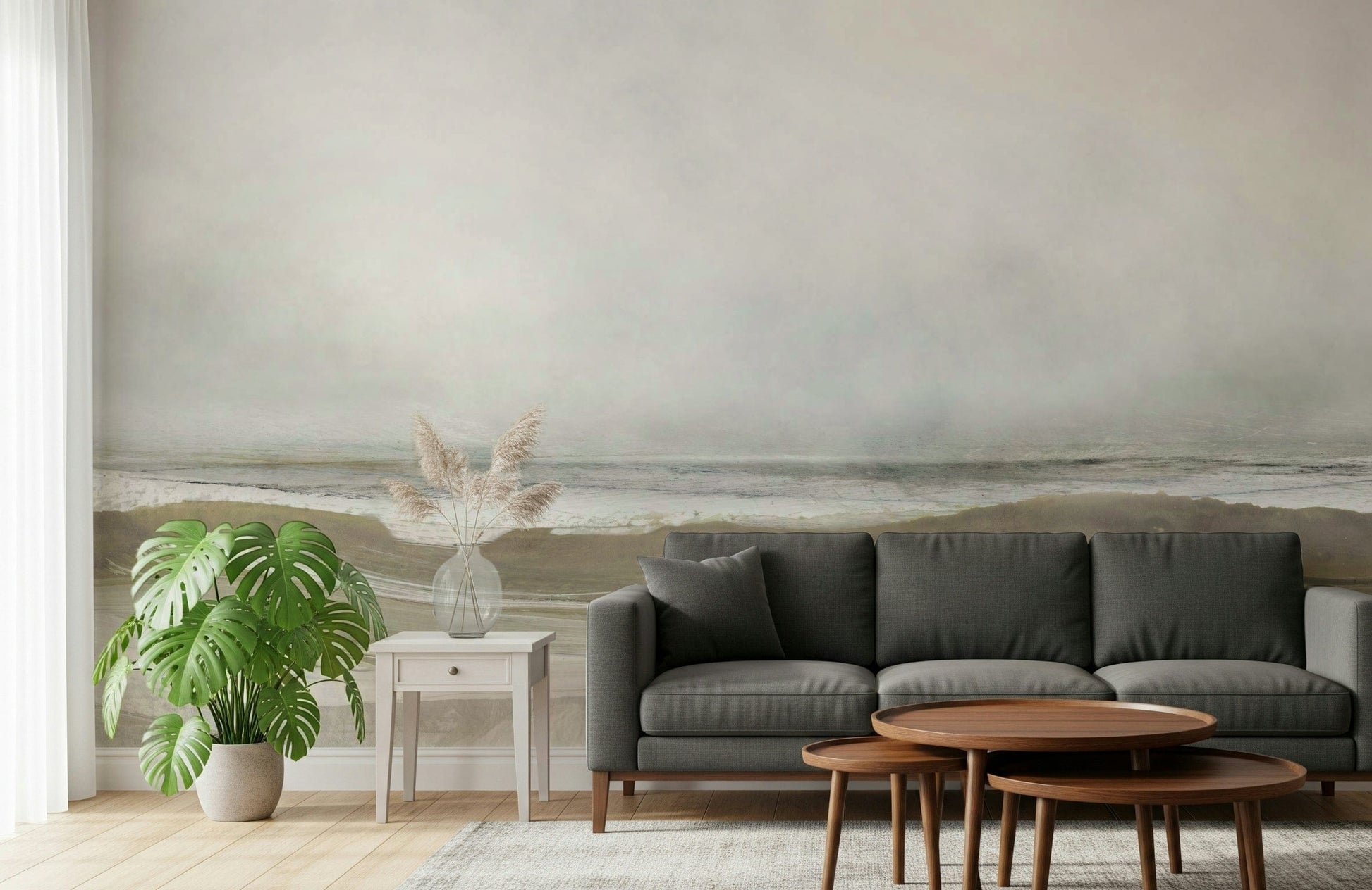 A beautiful abstract ocean wallpaper mural with fluid, brushstroke lines.