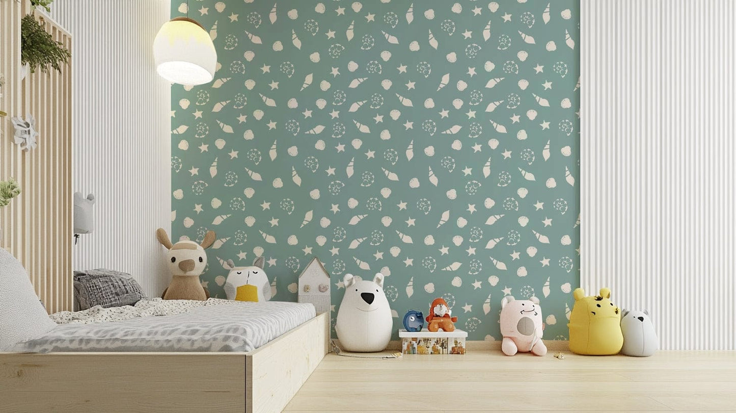 An angled shot of a wall with seashell wallpaper

