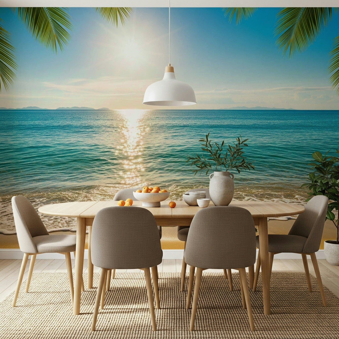 Beach shoreline wallpaper mural for dining area, warm neutrals, modern coastal look