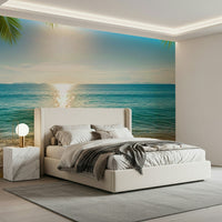Sunny sea mural wallpaper in hallway, soft sky-blue colours, bright feature wall