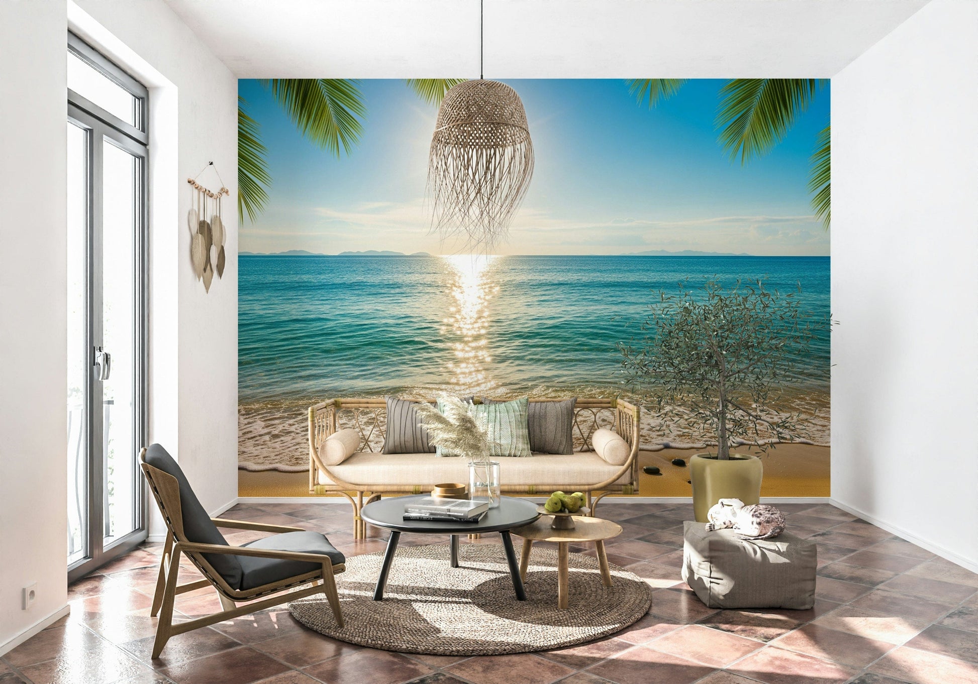 Sunny coastal wall mural in living space, soft sand colour and ocean blue, feature wall