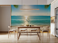 Coastal landscape mural wallpaper in reading nook, light colours, cosy corner wall