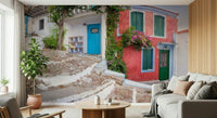Historical vivid façade doorway climbing plant design.