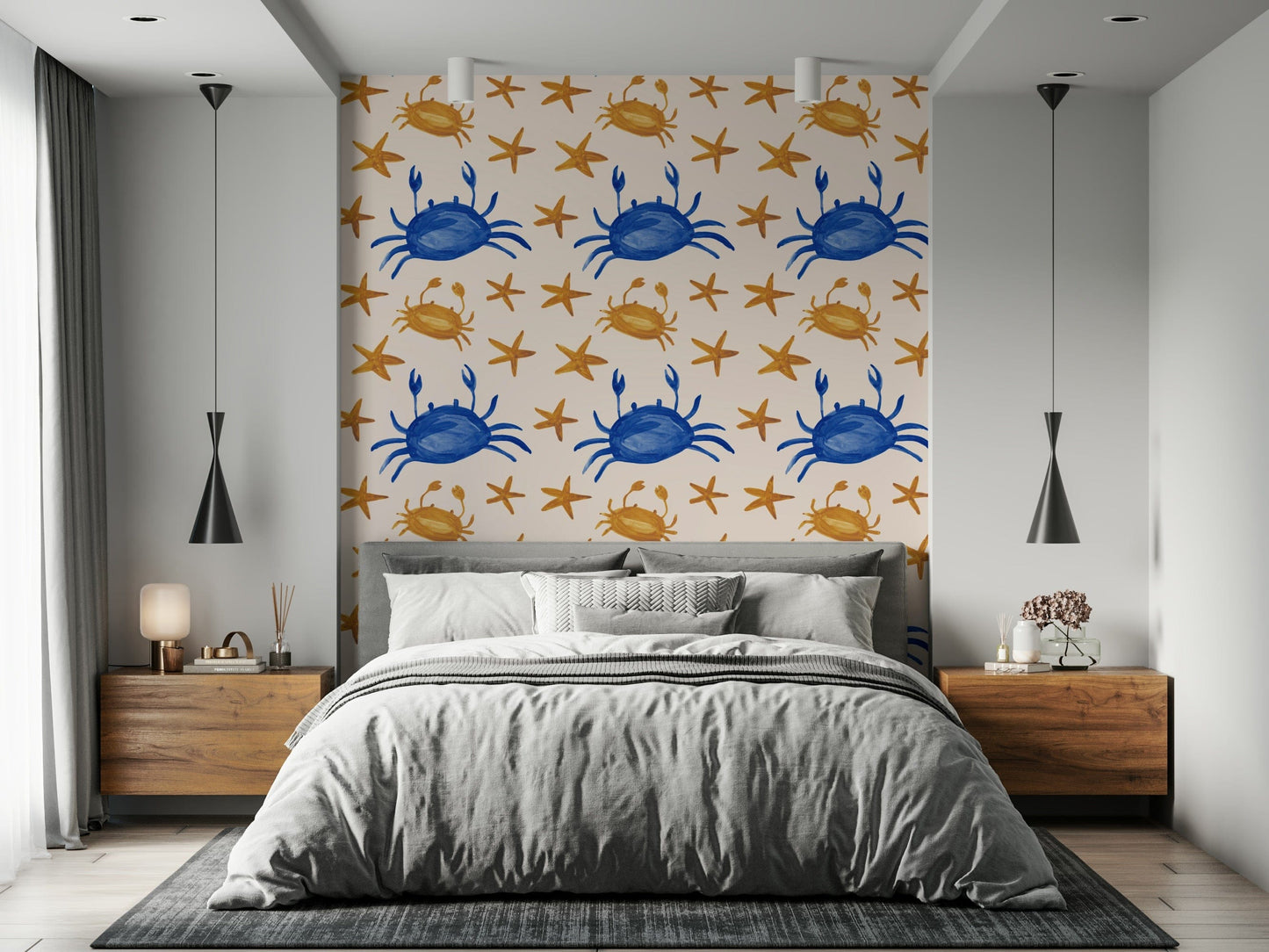 Fun ocean-themed wallpaper featuring cartoon-style crabs and stars.