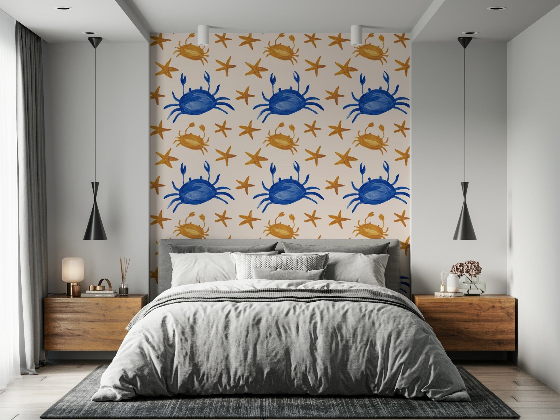 Fun ocean-themed wallpaper featuring cartoon-style crabs and stars.
