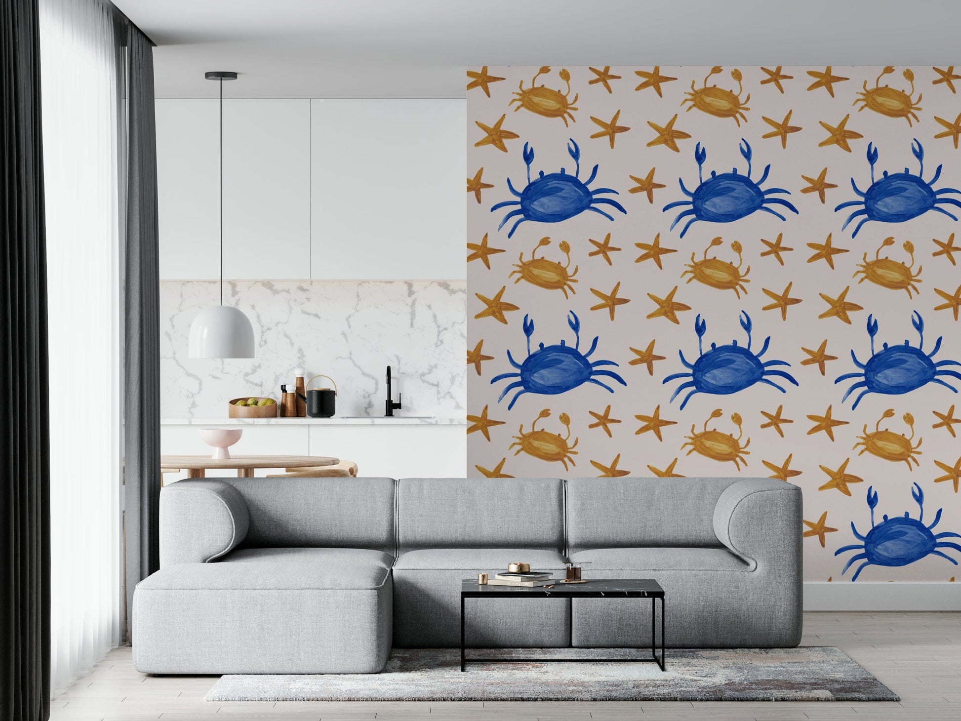 Crabs and stars pattern wallpaper ideal for beachy or nursery decor.