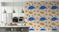 Coastal-themed mural featuring friendly crabs and simple star icons.