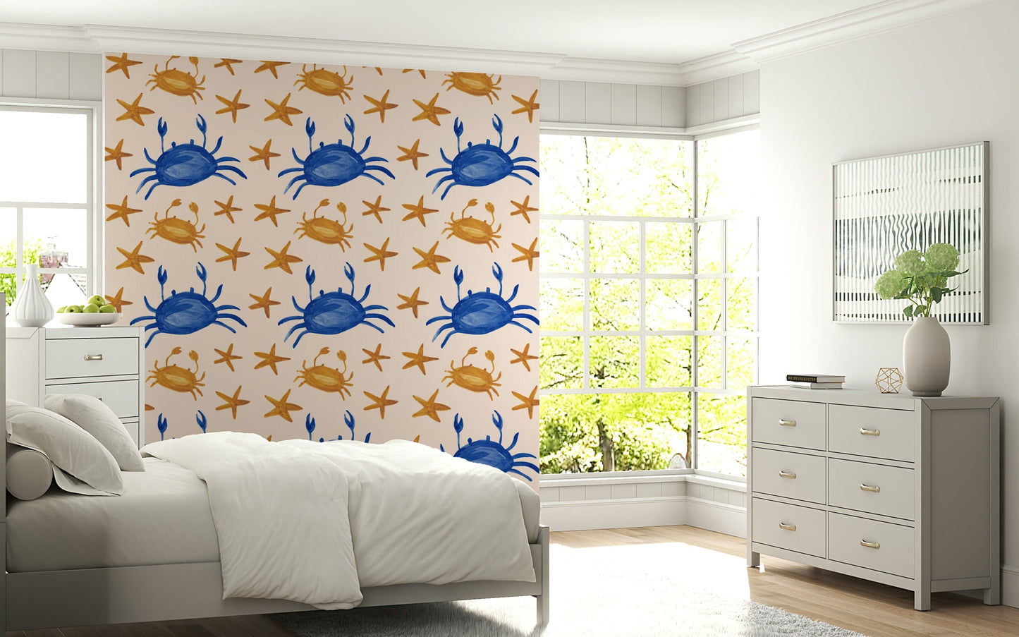 Ocean-inspired crabs and stars pattern adding a fun seaside vibe.