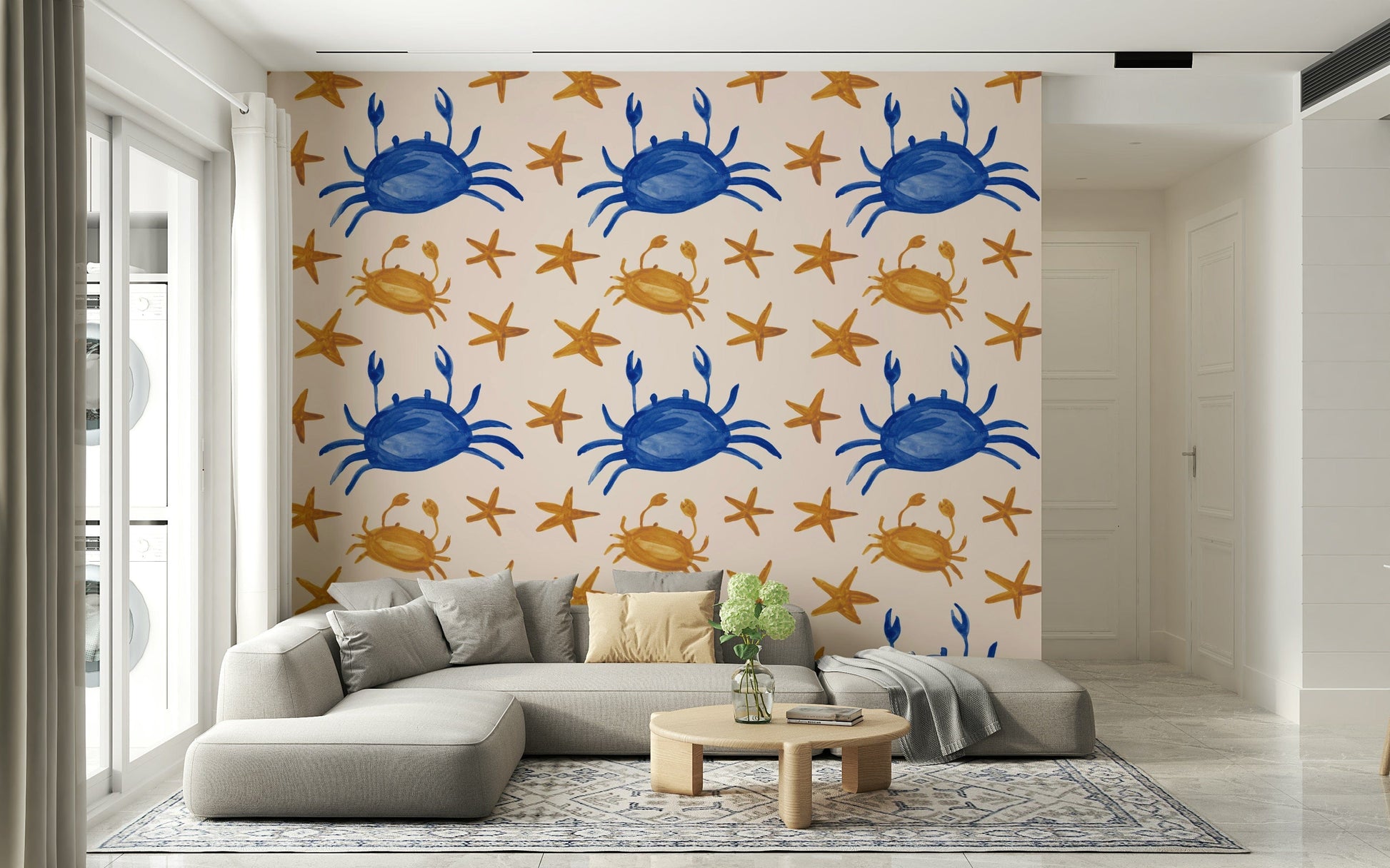 Cute crab and star motif mural perfect for coastal or kids’ spaces.