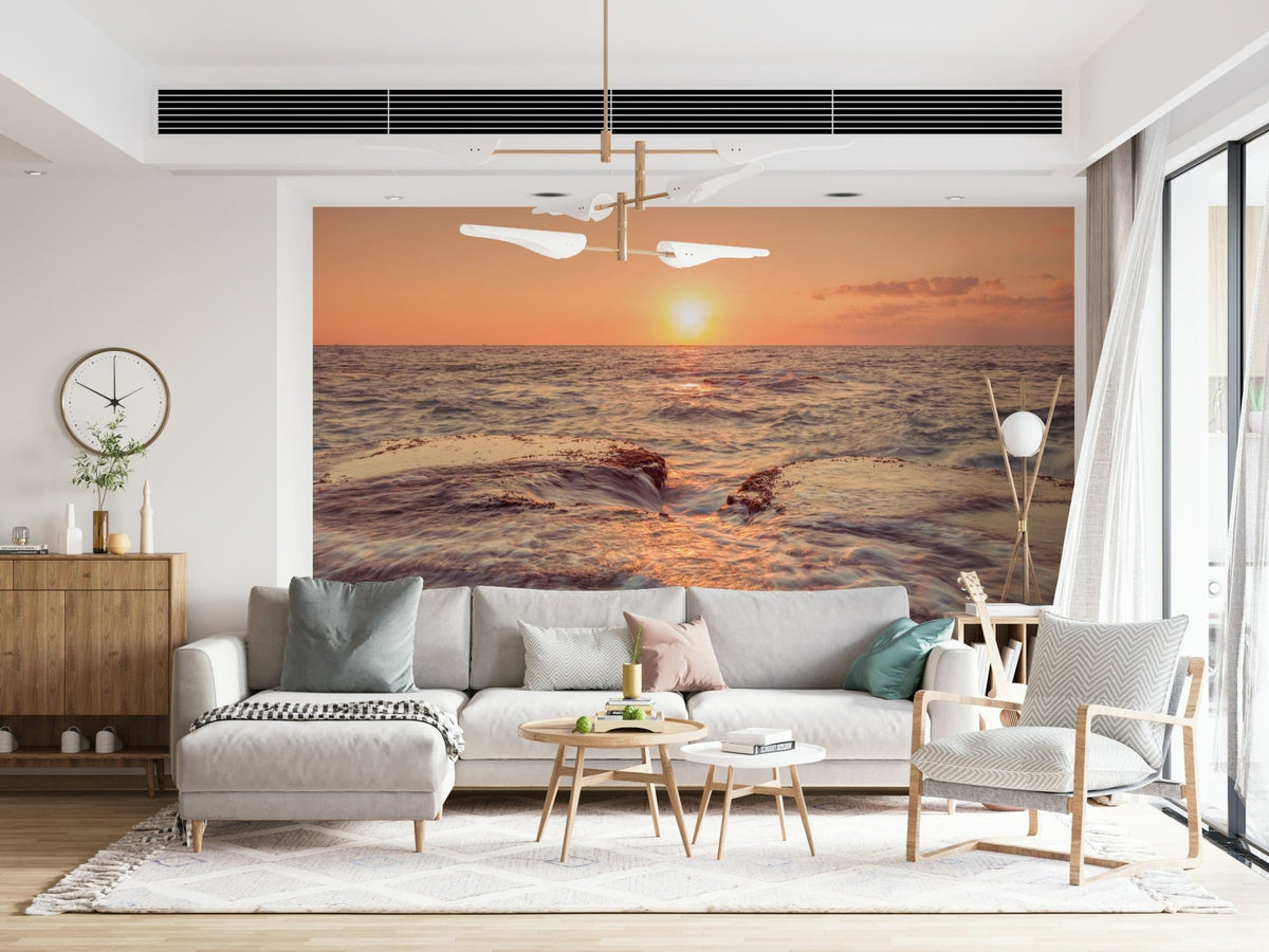 Luminous Coastal Dawn sunrise over rolling wave texture wallpaper.