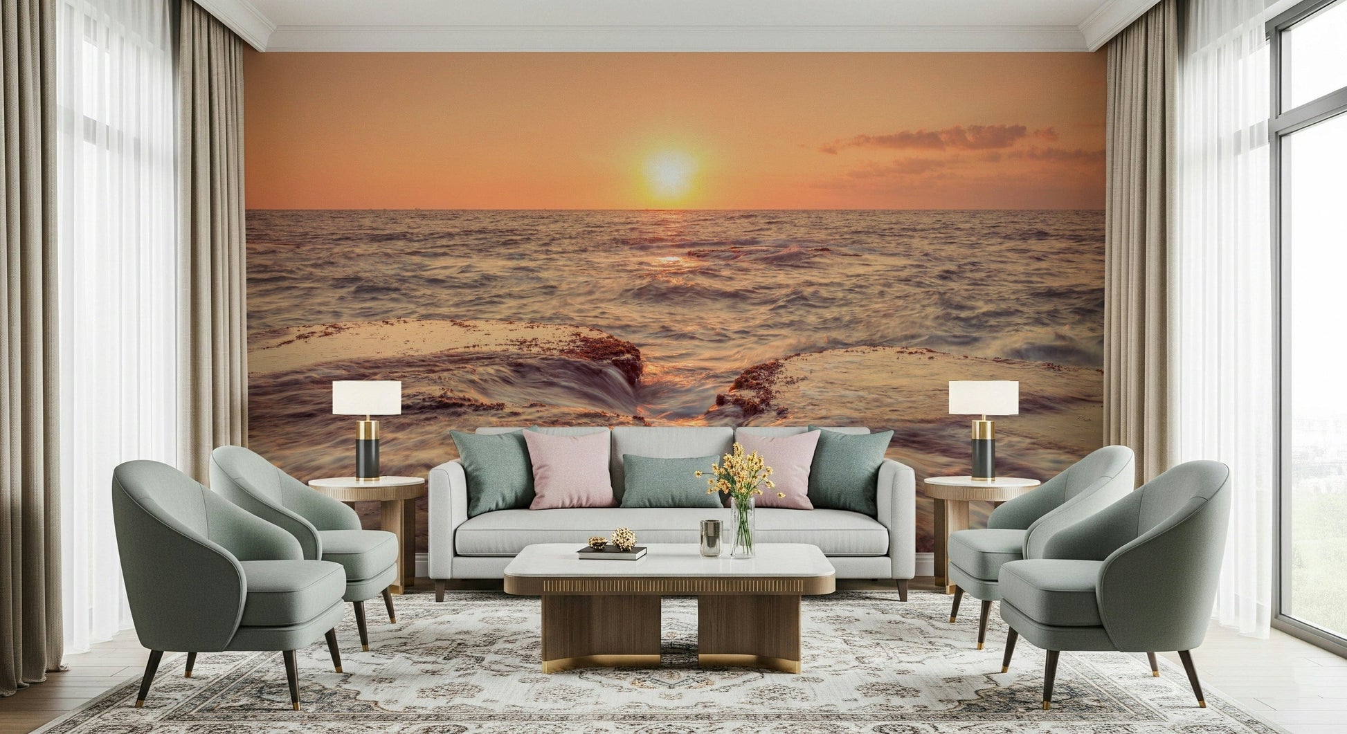 Warming orange Coastal Dawn glow over a rocky shoreline image.