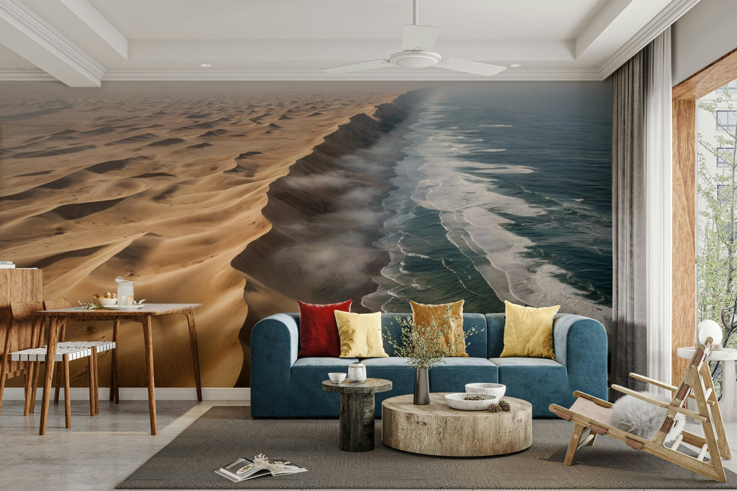 The colors are soft, muted tones of beige, sand, and blue.

