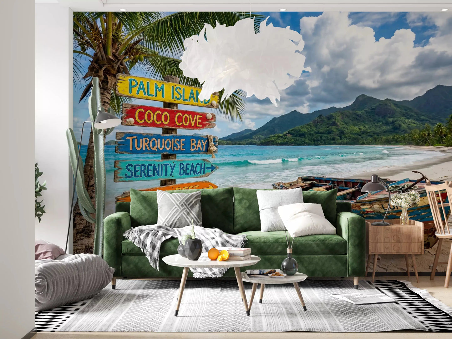 Coastal scenery mural with boat and blue ocean water