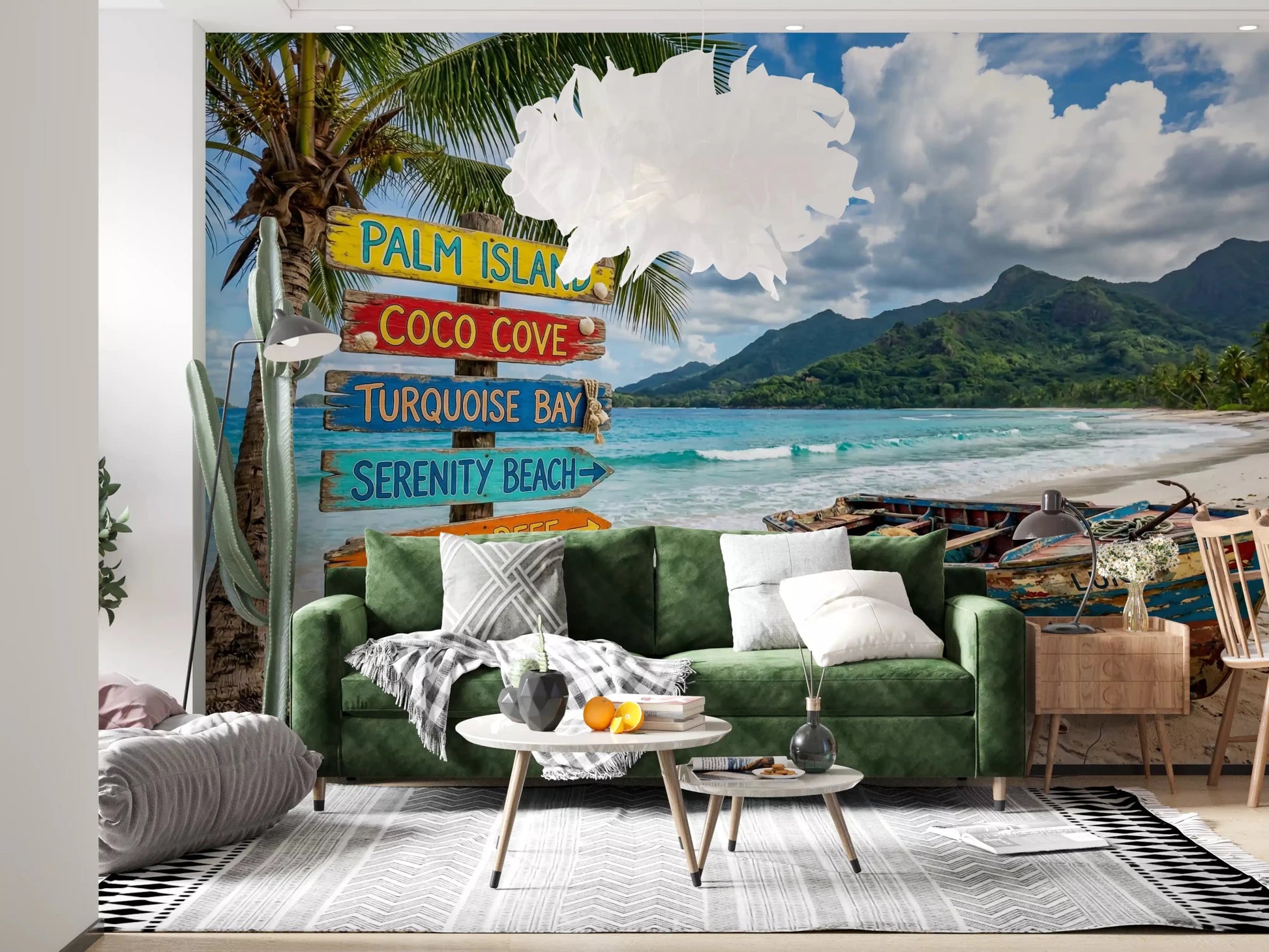 Coastal scenery mural with boat and blue ocean water