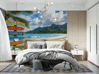 Bedroom coastal Dream mural with boat and turquoise water