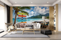 Island Dream beach mural with colorful signs and palm tree