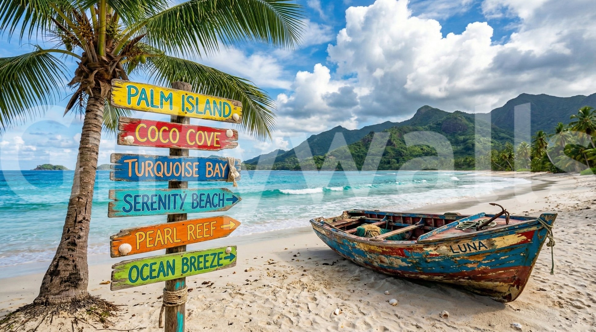 Tropical coast Dream mural with mountains and clear sky
