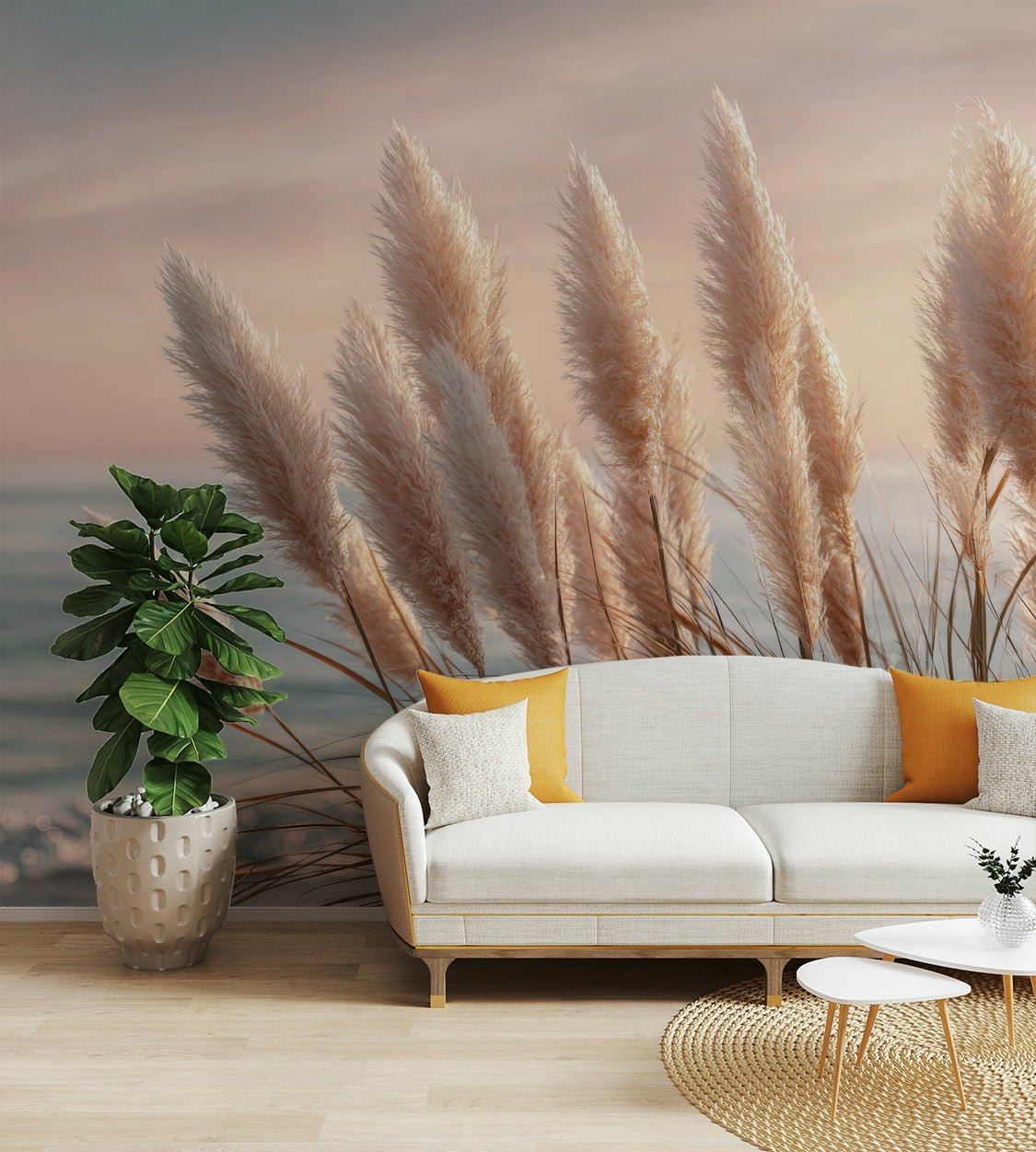 Peaceful water view mural for coastal interiors

