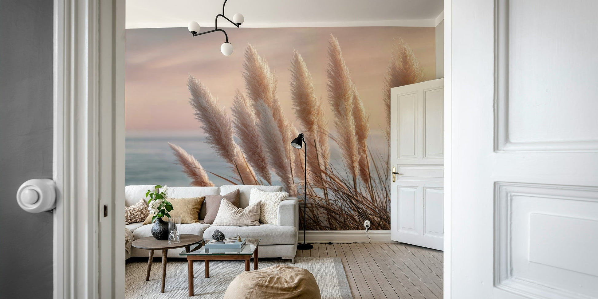 Living room styled with Coastal Dreams mural

