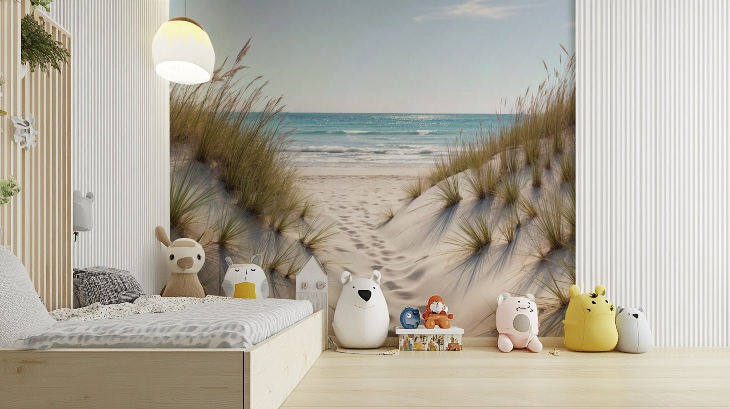 The colors are soft, muted tones of beige, sand, and blue.

