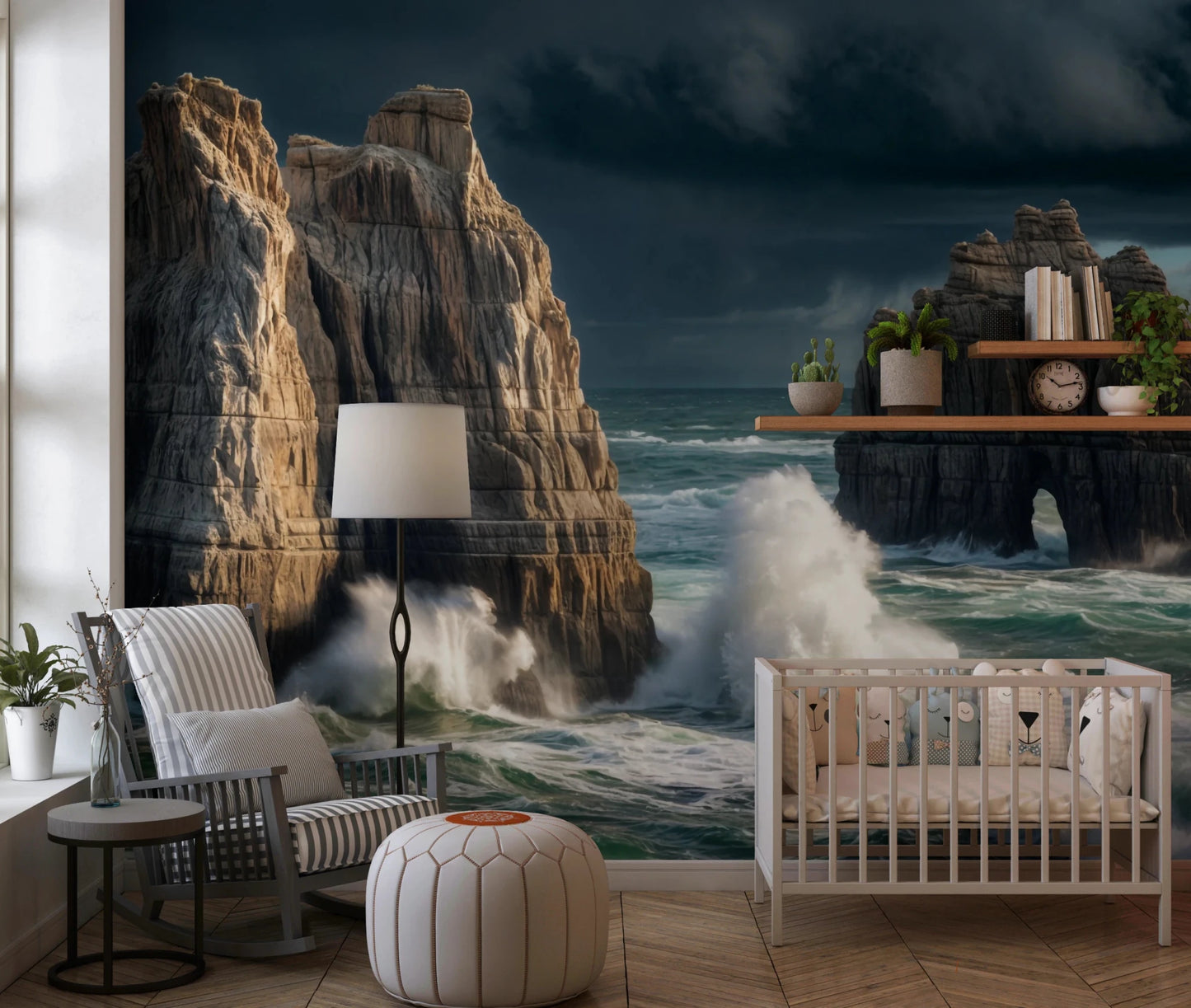 Coastal Giants wallpaper mural in a nursery with a white crib and grey striped rocking chair