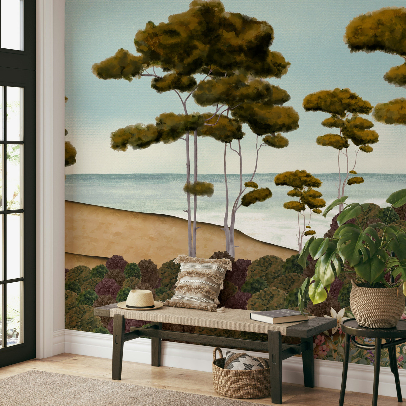 A peaceful wall mural with an organic, coastal design.

