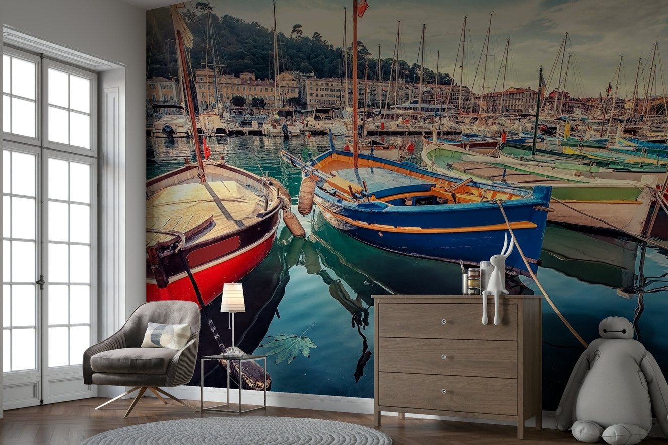A beautiful harbor scene wallpaper mural with vibrant colors.

