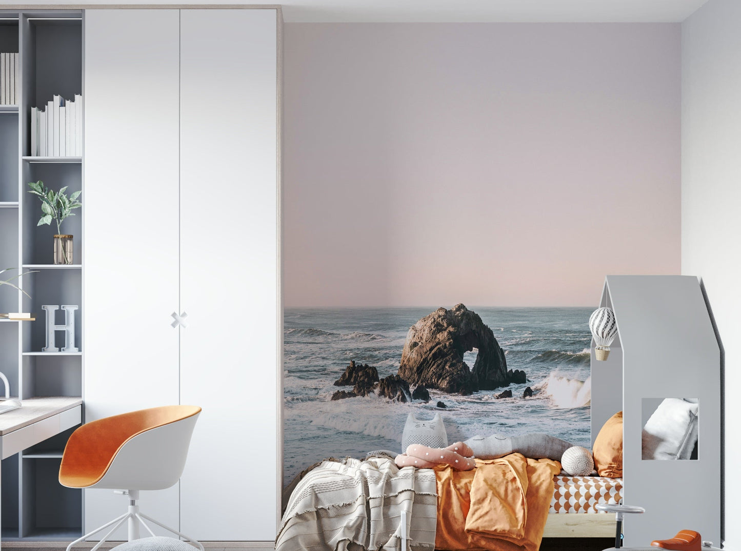 Soft beach tones in the Coastal Heart wall mural for relaxation.


