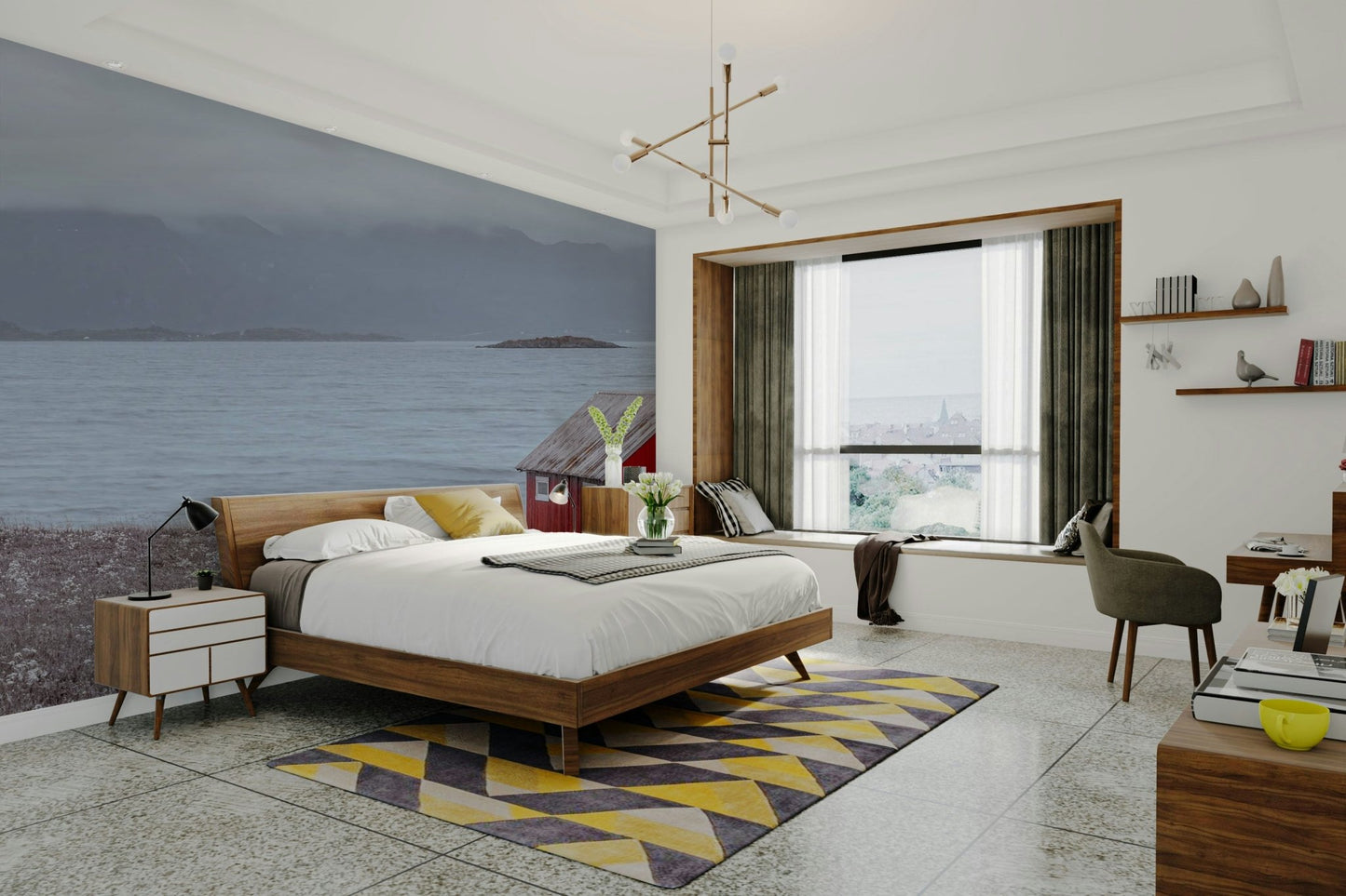 Serene coastal scene with a red cabin for creating a calm atmosphere.

