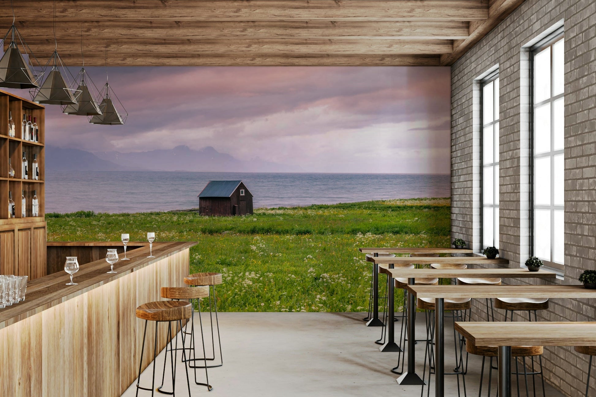 Soft, dreamy scene of a meadow and sea blending together

