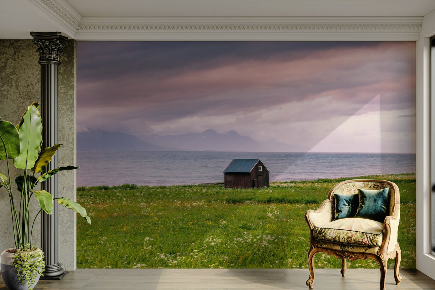 Tranquil hues of blue, green, and sand in this calming mural wallpaper

