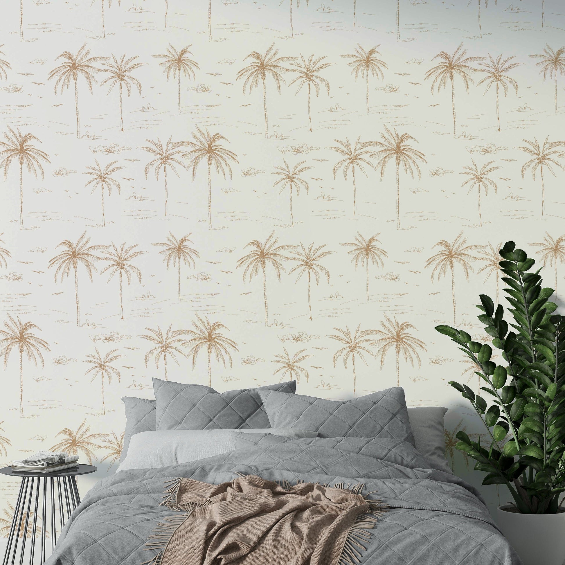 A full-wall mural showing a pattern of sketched palm trees.

