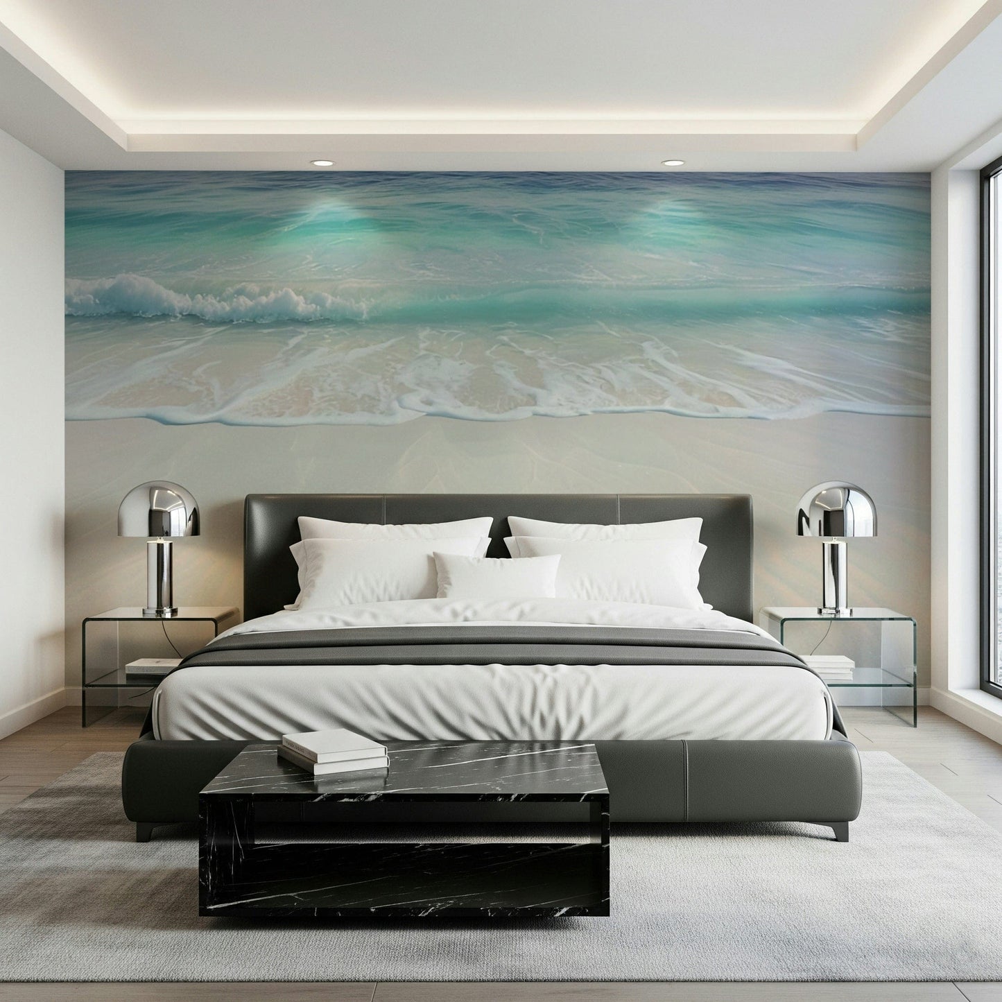 Reading corner with coastal mural, armchair and lamp, gentle sea horizon backdrop