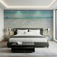 Reading corner with coastal mural, armchair and lamp, gentle sea horizon backdrop