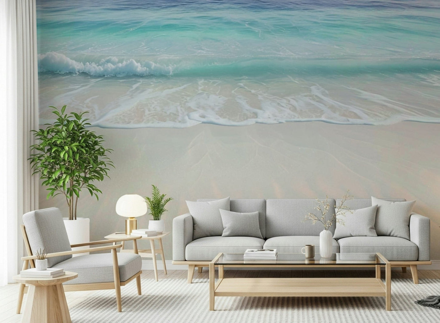 Guest bedroom with coastal mural behind headboard, light textures, calm colour palette