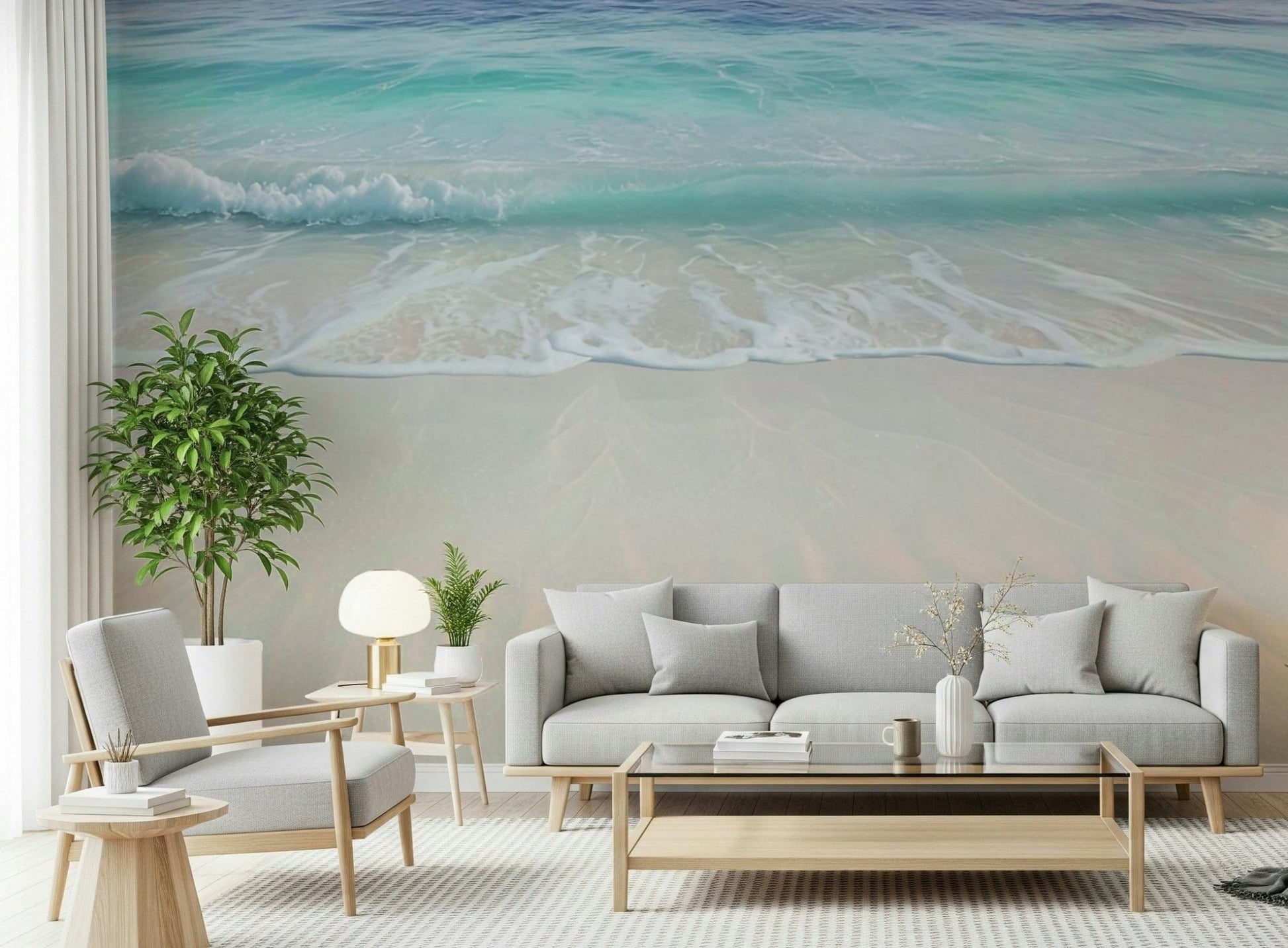 Guest bedroom with coastal mural behind headboard, light textures, calm colour palette
