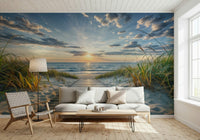 Coastal Path Serenity wall mural of dune grass and sea at dusk behind a white sofa and woven lounge chair